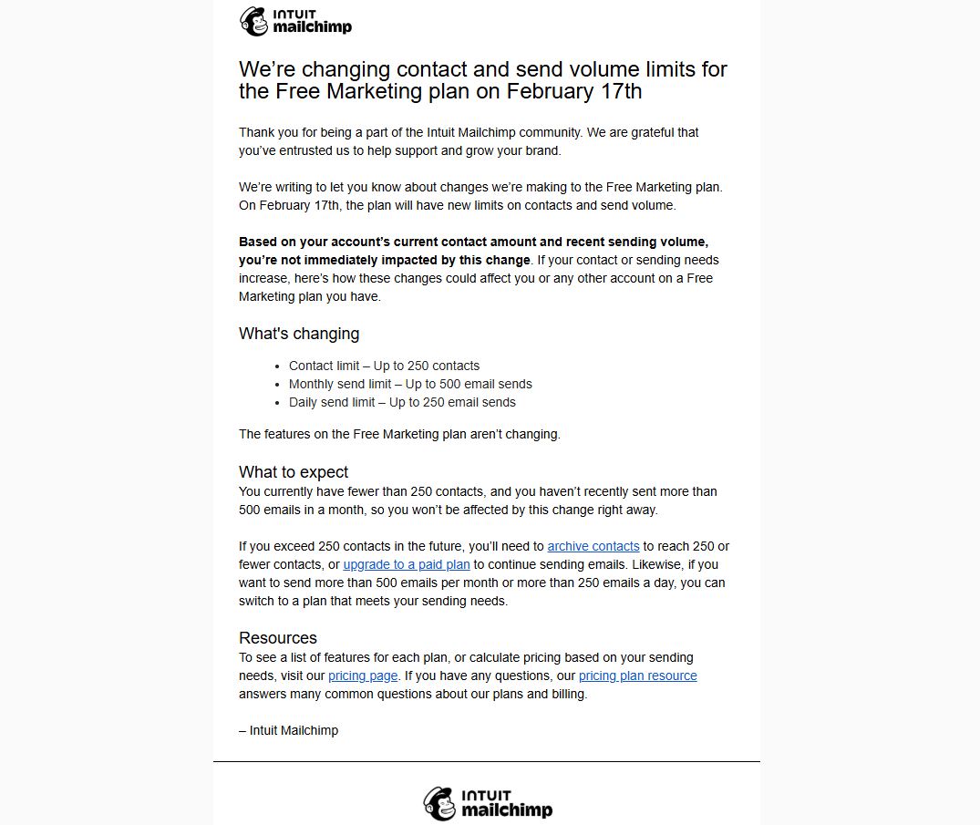 Mailchimp Update on Free Plan Contact Limit Reduction on February 17th