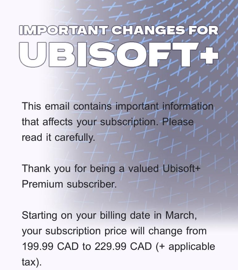 Ubisoft Update on Subscription Price Increase in Canada on March 1st