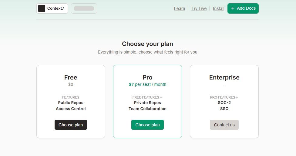 Context7 pricing on December 17, 2025