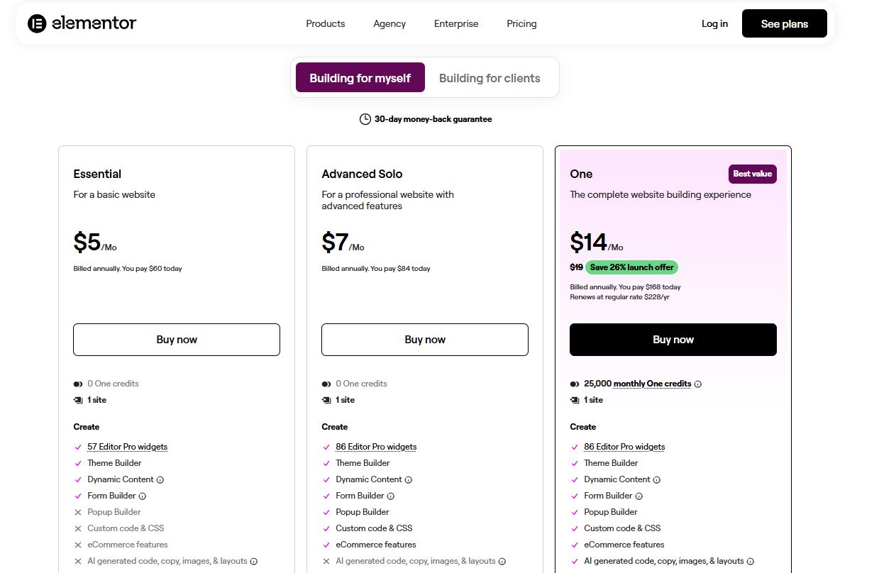 Elementor pricing on January 20, 2026