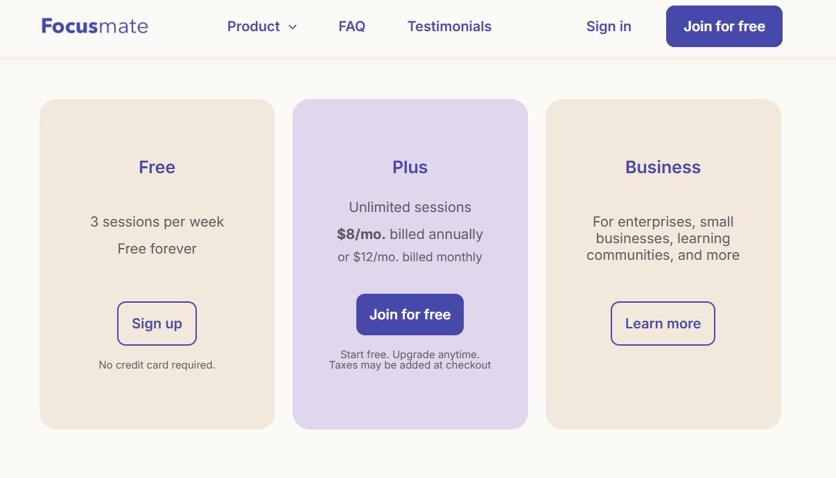 Focusmate pricing on January 2, 2026