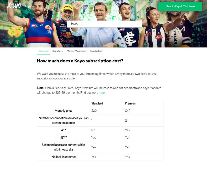 Kayo Sports pricing on January 9, 2026