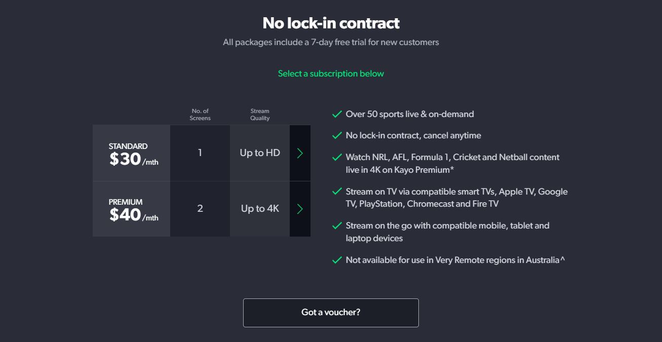 Kayo Sports pricing on September 4, 2025