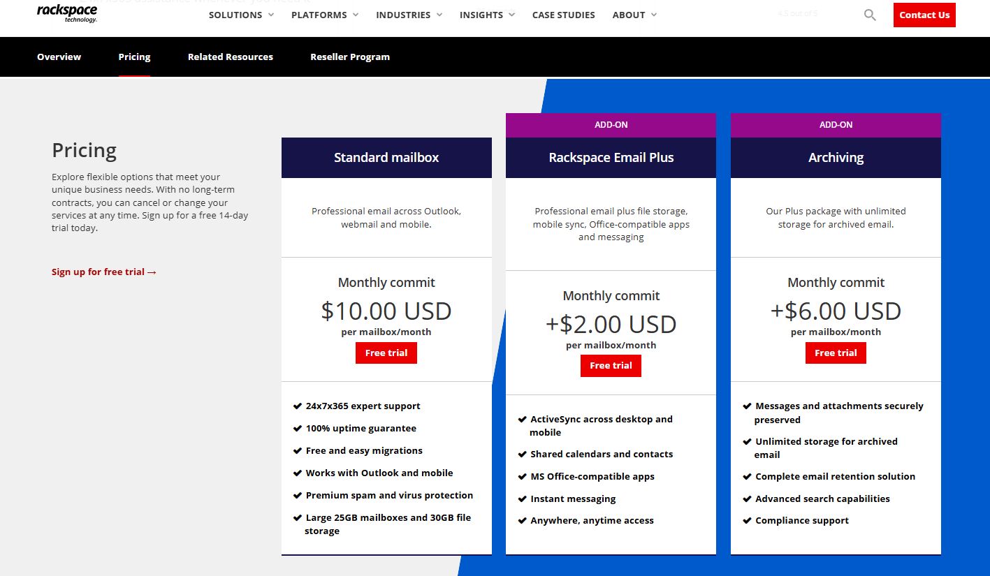 Rackspace Email pricing on January 16, 2026