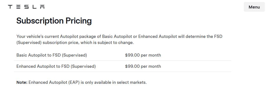 Tesla FSD Subscription pricing on January 16, 2026