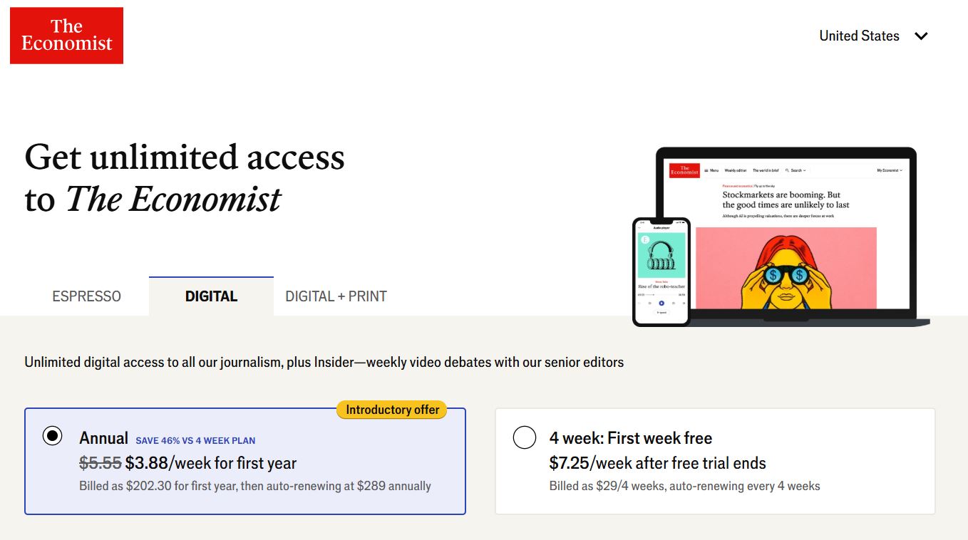 The Economist pricing on January 29, 2026