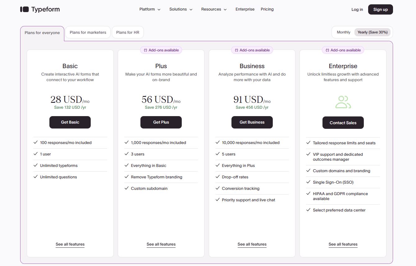 Typeform pricing on January 24, 2026