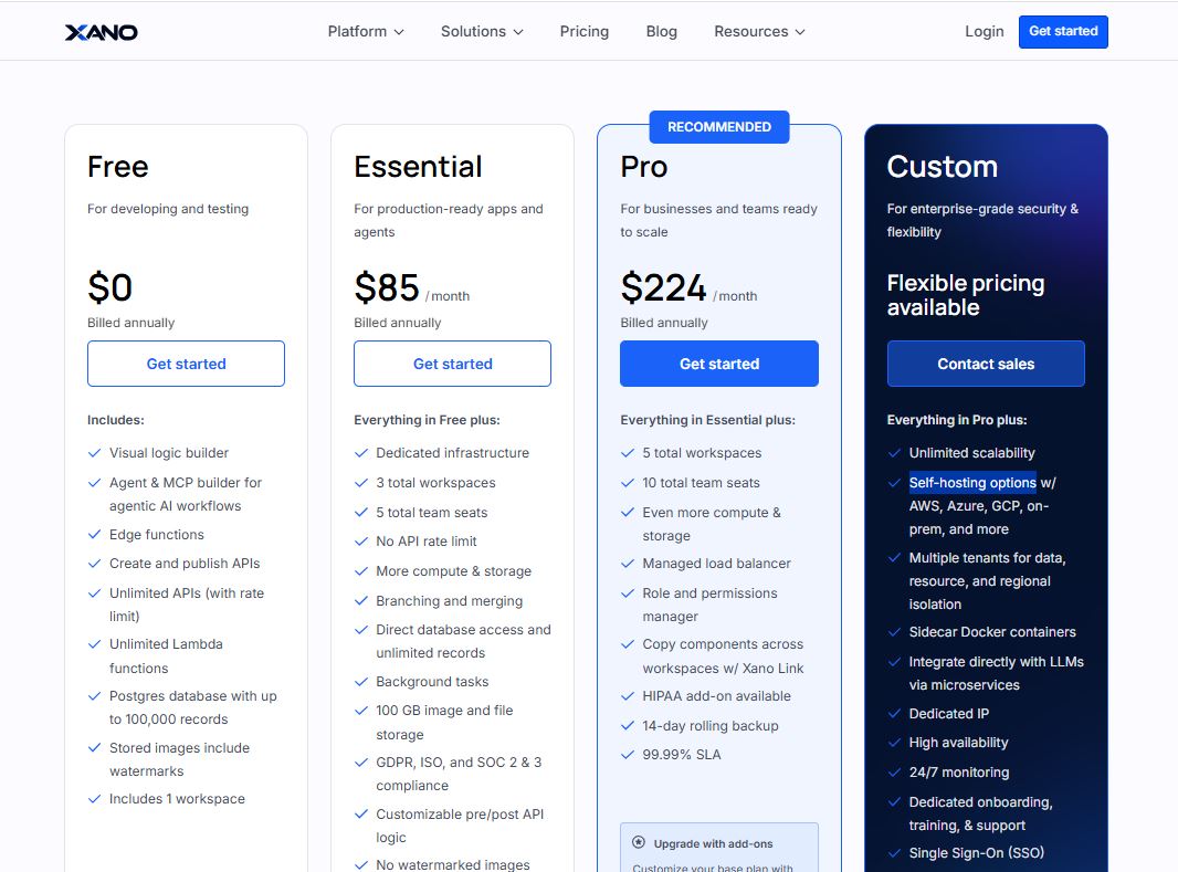 Xano pricing on January 22, 2026