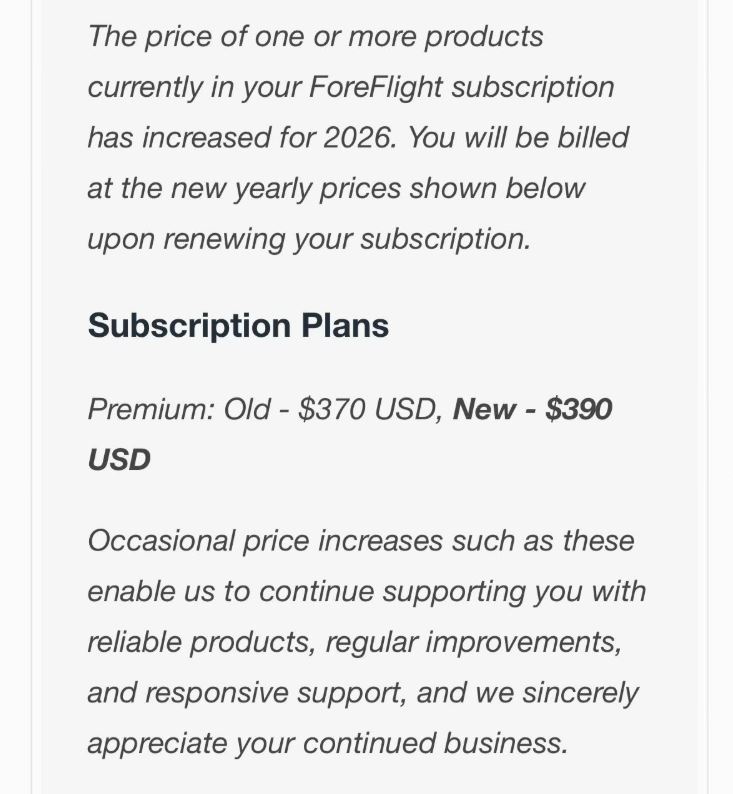 ForeFlight Update On Subscription Price Increase In February 2026
