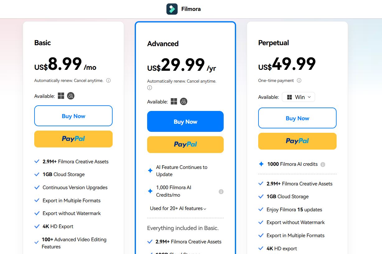Filmora pricing on February 12, 2026