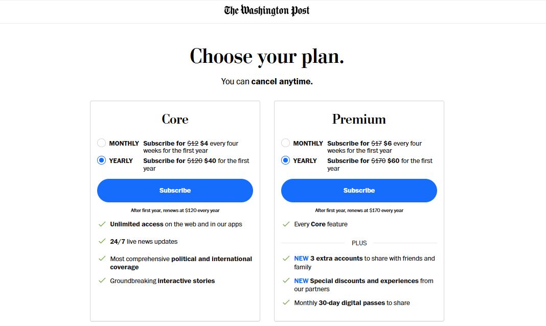 Washington Post Subscription pricing on December 31, 2025